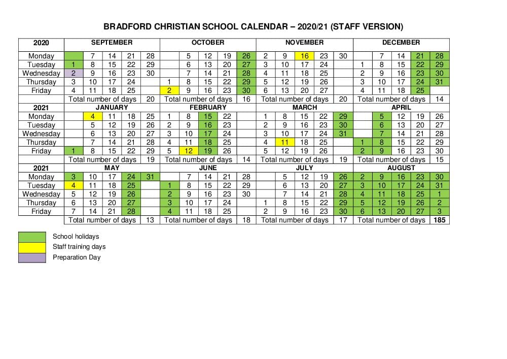 Calendar Term Dates Bradford Christian School