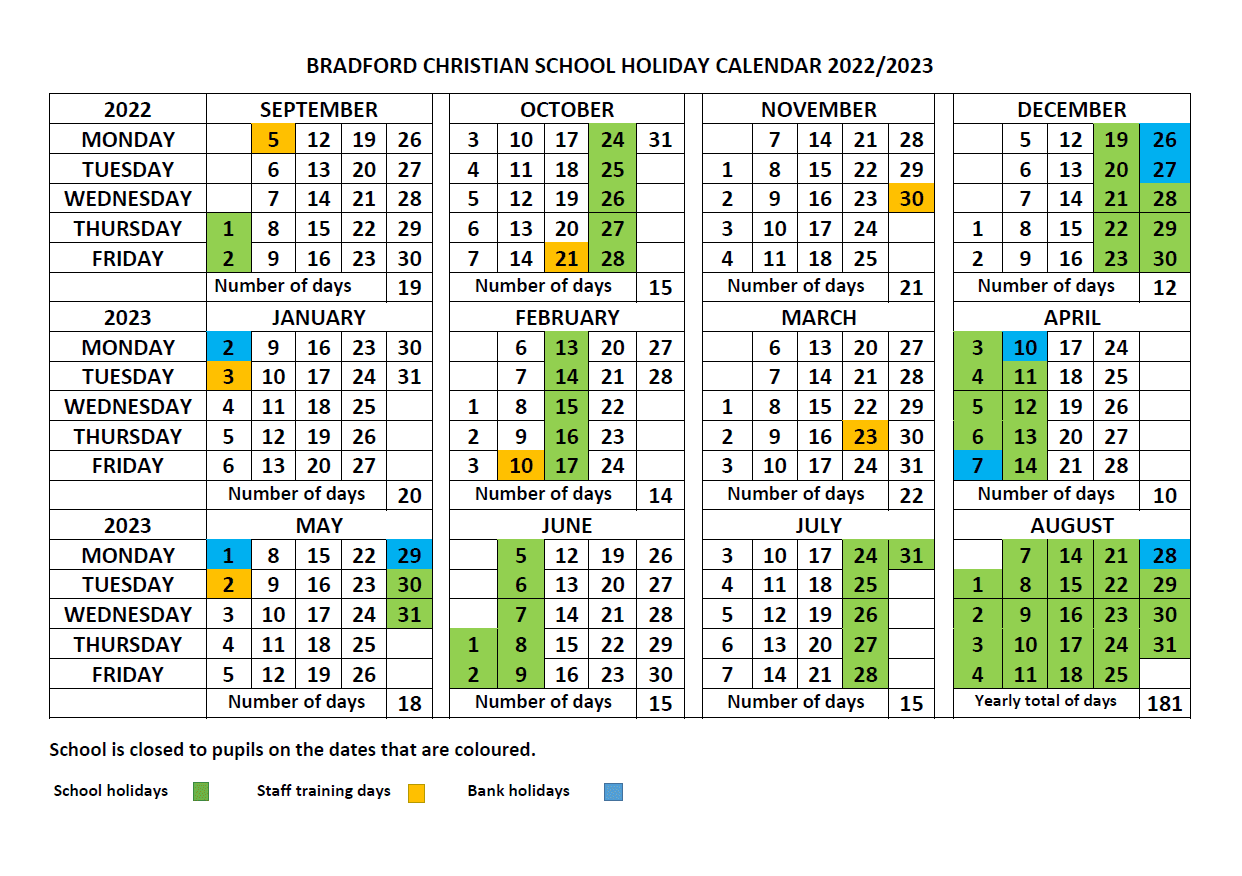 Live Calendar & Term Dates Bradford Christian School